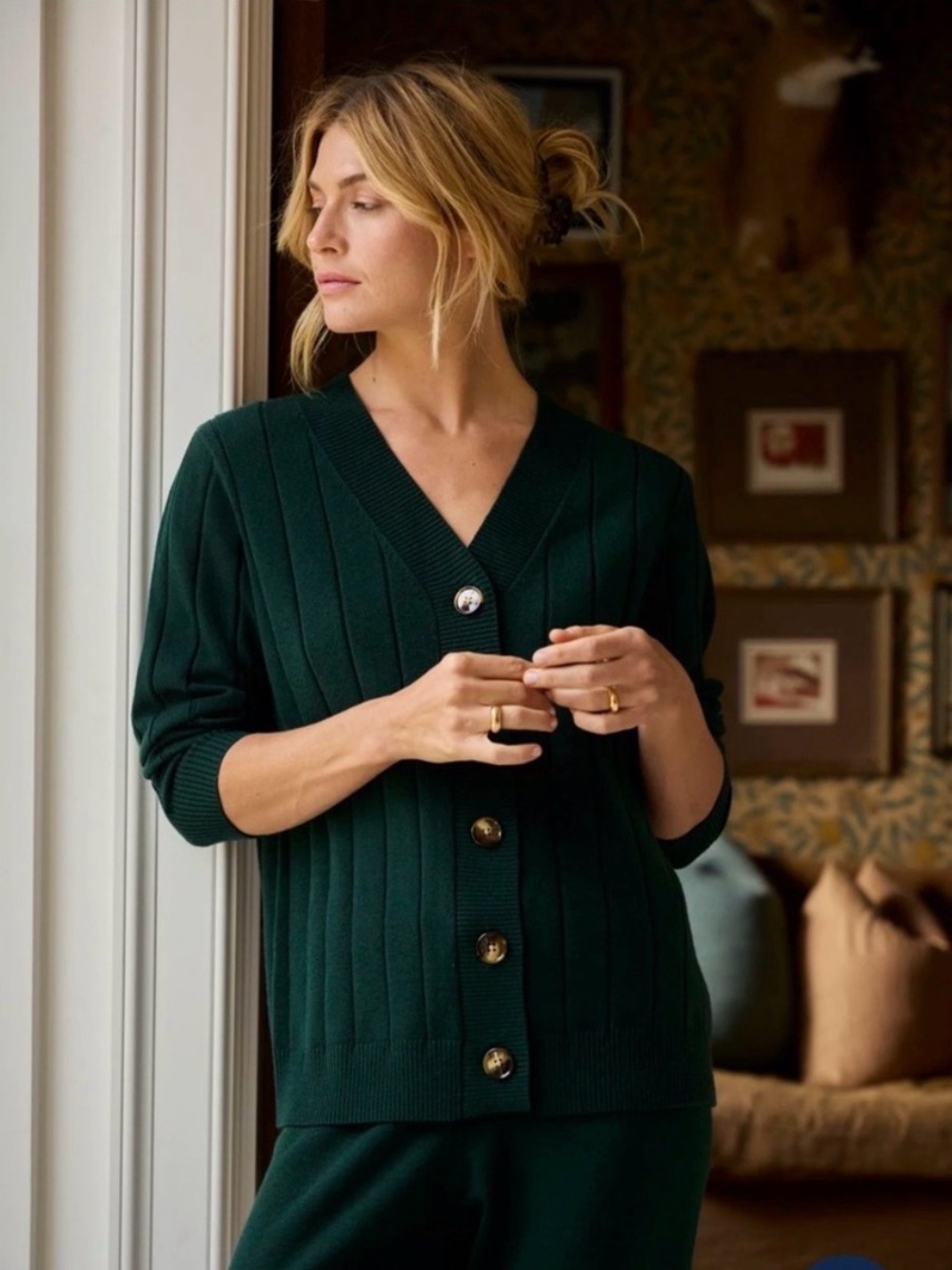 Lake Vesper Ribbed Cardigan Sweater Small Conifer Green Lounge Fall Cozy Chic